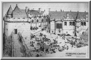 The outer courtyard of Stirling Castle around 1600, showing the Palace Block and the Great Hall.